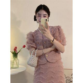 Short-sleeve Lace Button-up Jacket / Mini Pencil Skirt