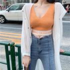 Lettering Crop Tank Top / Light Cardigan / High-waist Slim-fit Jeans