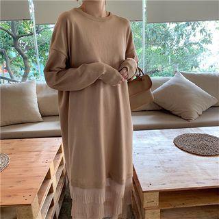 Long-sleeve Pleated Panel Midi Knit Dress