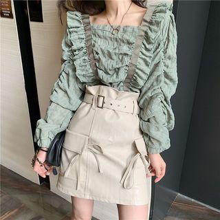 Ruffled-trim Chiffon Top / Faux-leather Cargo Skirt With Belt
