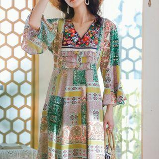 3/4-sleeve Floral Embroidered Midi A-line Dress Green & Pink - One Size