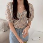 Puff-sleeve Floral Print Blouse Floral - Yellow & Blue & White - One Size