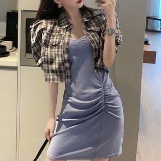 Spaghetti Strap Mini Sheath Dress / Short-sleeve Crop Shirt