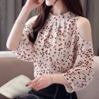 Heart Print Cold-shoulder 3/4-sleeve Blouse