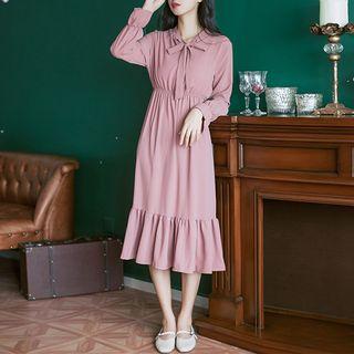 Bow Accent Long-sleeve Plain Midi Dress