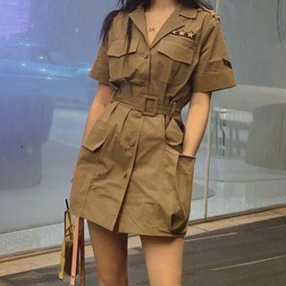 Star Applique Short-sleeve Cargo Shirtdress Army Green - One Size