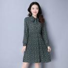 Print Puff-sleeve Pleated Dress