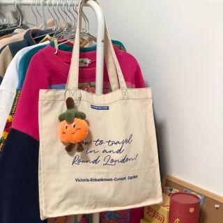 Lettering Canvas Tote Bag With Badge - Beige - One Size
