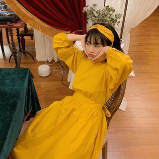 Set: Long-sleeve Plain Midi Dress + Headband
