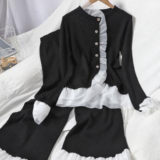 Set: Mesh Ruffled Knit Top + Midi Knit Skirt Black - One Size