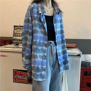 Long-sleeve Tie Dye Shirt Gradient - Blue & Gray - One Size