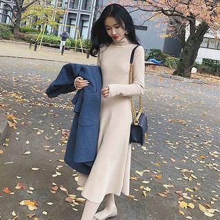 Turtleneck Midi A-line Knit Dress