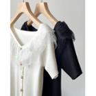 Short-sleeve Lace Panel Button-up Knit Top
