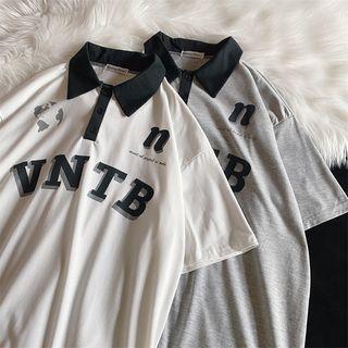 Short Sleeve Polo Neck Lettering T-shirt