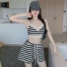 Set: Striped Cropped Camisole Top + Wide-leg Shorts Set Of 2 - Stripe - Black & White - One Size