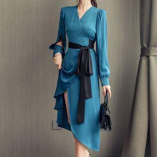 Long-sleeve Tie-waist Irregular A-line Dress