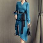 Long-sleeve Tie-waist Irregular A-line Dress