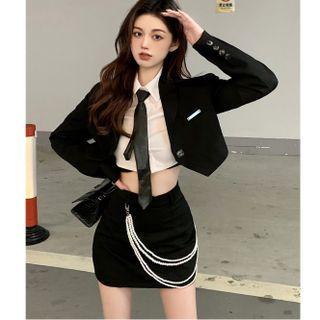 Single-button Cropped Blazer / Mini Pencil Skirt / Faux Pearl Waist Chain / Plain Shirt / Tie / Set