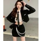 Single-button Cropped Blazer / Mini Pencil Skirt / Faux Pearl Waist Chain / Plain Shirt / Tie / Set