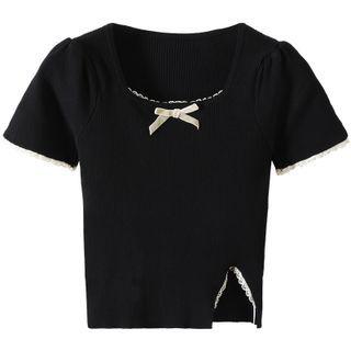 Square-neck Lace Trim Bow Knit Crop Top