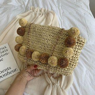 Pom Pom Straw Shoulder Bag Khaki - One Size