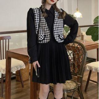 Houndstooth Vest / Long-sleeve Plaid Dress