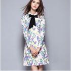 Floral Print Tie Neck Long Sleeve Mini Dress