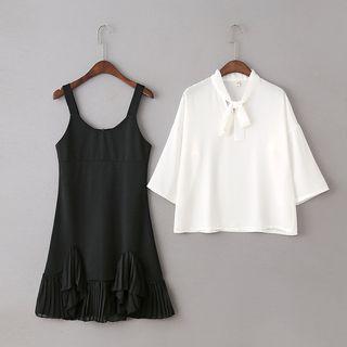 Set : Bow Long-sleeve Top + Strap Dress