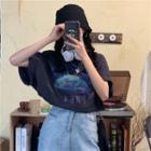 Short-sleeve Fish Print T-shirt Charcoal Gray - One Size