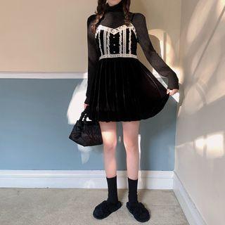 Long-sleeve Knit Top / Spaghetti Strap Mini A-line Dress