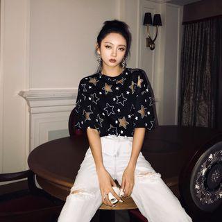 Elbow-sleeve Star Cutout T-shirt