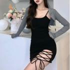 Spaghetti Strap Lace-up Mini Dress / Knit Shrug