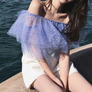 Dotted Off Shoulder Elbow Sleeve Mesh Top