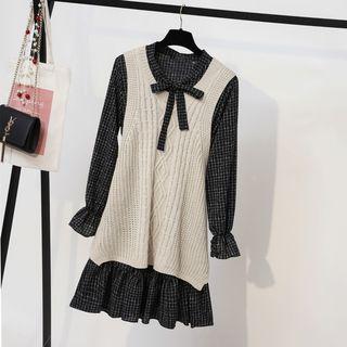 Set: Cable Knit Vest + Long-sleeve Plaid Dress