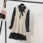 Set: Cable Knit Vest + Long-sleeve Plaid Dress