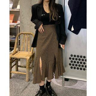 Gingham Ruffled Midi A-line Skirt