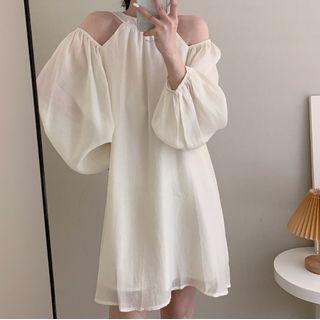 Balloon-sleeve Cold-shoulder Mini A-line Dress