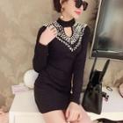 Long-sleeve Cut Out Studded Knit Dress