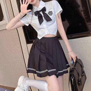 Short-sleeve Badge Embroidered Shirt / Pleated A-line Skirt / Bow Tie / Set