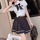 Short-sleeve Badge Embroidered Shirt / Pleated A-line Skirt / Bow Tie / Set