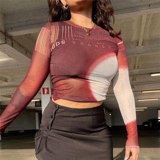 Long Sleeve Lettering Printed Crop Mesh Top