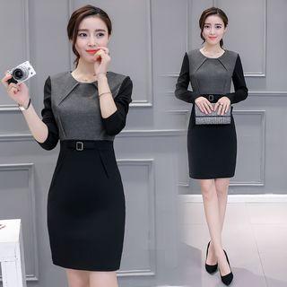 Long-sleeved Gathered-waist Color-block Slim Sheath Dress
