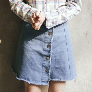 Buttoned Fray Hem A-line Skirt