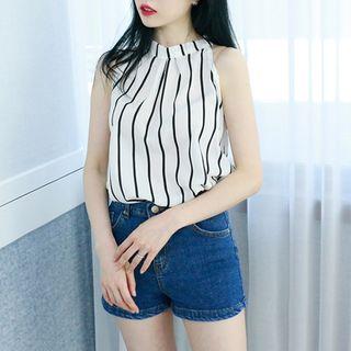 Petite Size - Halter Sleeveless Striped Chiffon Top