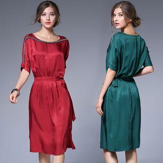 Short-sleeve Beaded Satin Dress