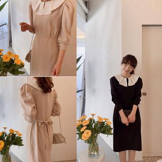 Contrast-collar Tie-waist Dress