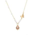 Butterfly Faux Pearl Pendant Alloy Necklace 1pc - Gold & White - One Size