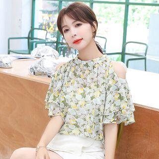 Short-sleeve Cold Shoulder Floral Chiffon Blouse