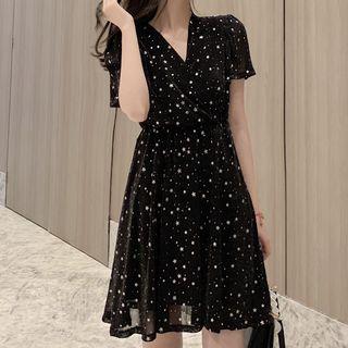 V-neck Star Print Mini Dress