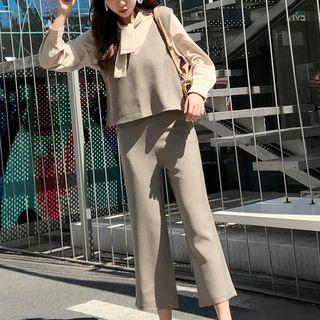 Set: Plaid Vest + Bow Accent Long-sleeve Chiffon Blouse + Cropped Straight-leg Pants